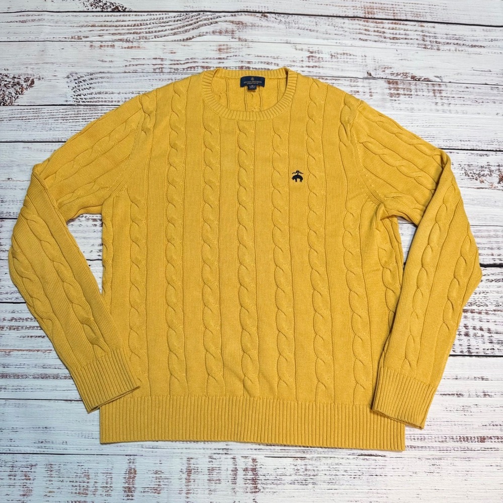 Brooks Brothers Sweater Mens Medium Cable Knit Supima Cotton Yellow Crewneck